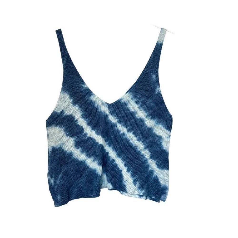 Forever 21 Tie Dye Double V-Neck Knit Crop Tank Top Blue White Medium